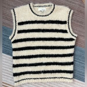 PINCH Fuzzy Striped Sweater Vest S Cream Black Eyelash Knit Soft Cozy Boutique